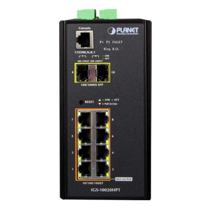 Коммутатор промышленный управляемый PLANET IGS-10020HPT (8xPoE 10/100/1000, 2xSFP, расширенный температурный диапазон)