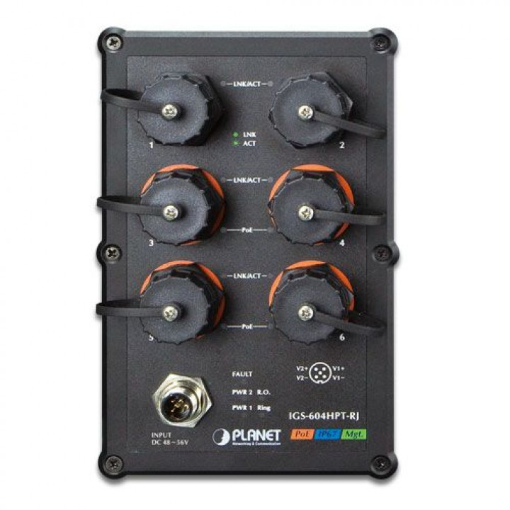 Коммутатор промышленный PLANET IGS-604HPT-RJ (IP67, 4xPoE, 2x1GbE, -40~75°C)