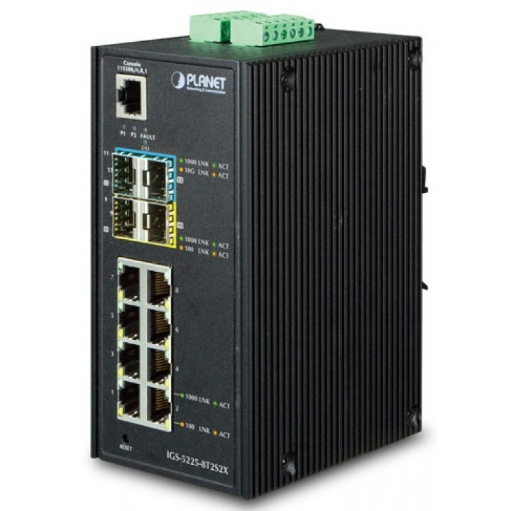 Коммутатор промышленный PLANET IGS-5225-8T2S2X (L2+, 8x1GbE, 2xSFP, 2xSFP+, -40~75°C)