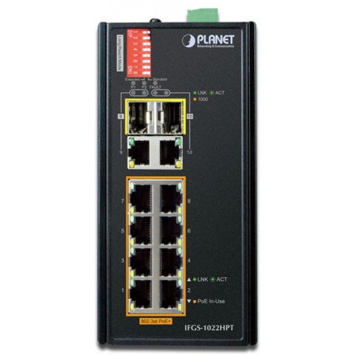 Коммутатор промышленный Planet IFGS-1022HPT (8x10/100TX PoE, 2xGigabit Combo, -40~75°C)