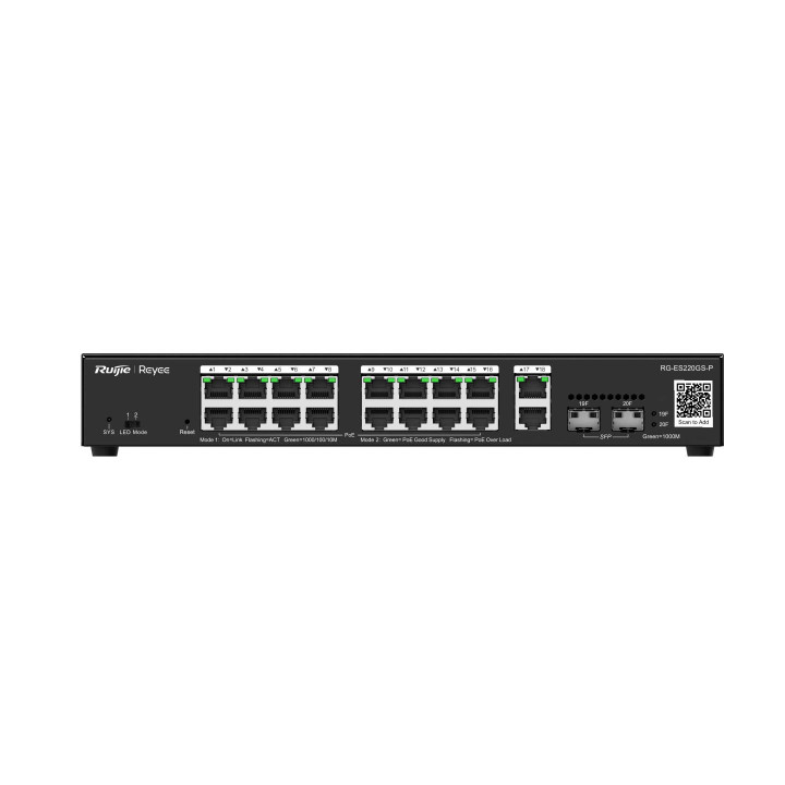 Коммутатор Ruijie RG-ES220GS-P (16x1Гб PoE + 2xSFP, бюджет PoE 250 Вт)