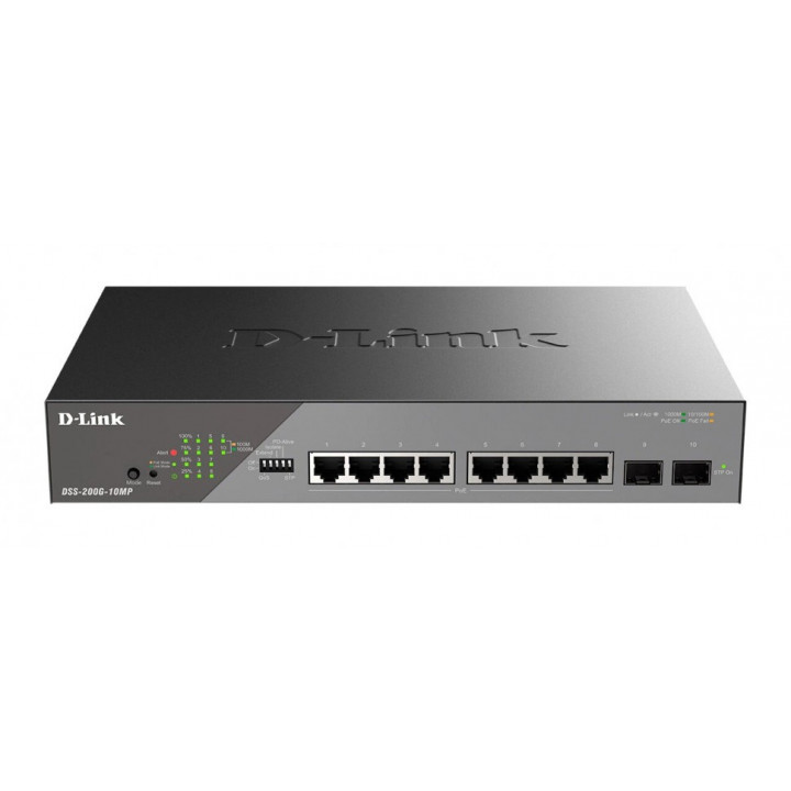 Коммутатор D-Link DSS-200G-10MP/A1A (8xPoE, 2xSFP, PoE 130Вт, до 250м)