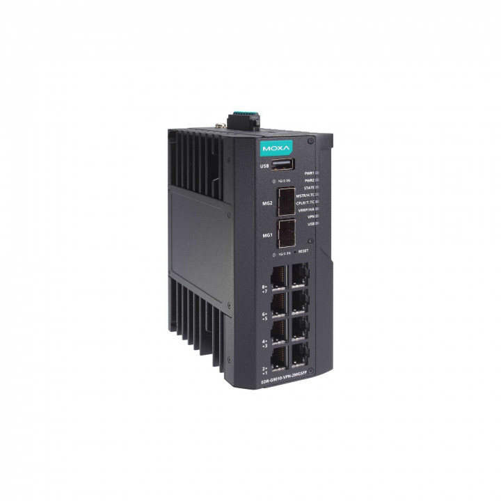 Промышленный маршрутизатор MOXA EDR-G9010-VPN-2MGSFP-HV (8 портов 10/100/1000BaseT(X), 2 слота GbE SFP, Firewall/NAT/VPN, t: -10/60°C, питание 120/240 В)