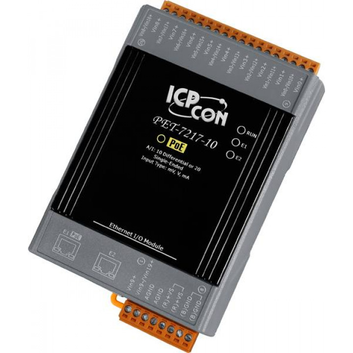 Модуль Ethernet ICP DAS PET-7217-10 CR (10/20 каналов AI, защита от перенапряжения, 2-портовый коммутатор, PoE) Модуль Ethernet ICP DAS PET-7217-10 CR (10/20 каналов AI, защита от перенапряжения, 2-портовый коммутатор, PoE)