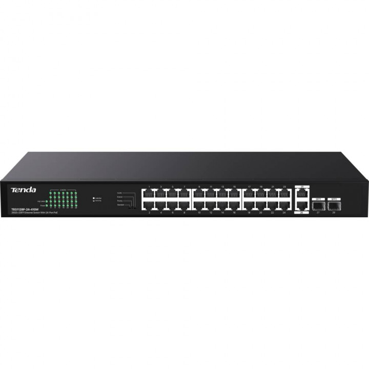 Коммутатор Tenda TEG1128P-24-410W (24 порта PoE, 2 SFP, бюджет PoE 370W)