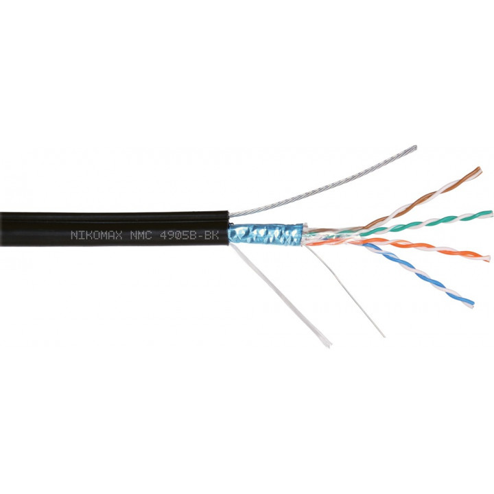 Кабель витая пара NIKOLAN NMC 4905B-BK (F/UTP, Cat.5e, 4 пары, 24AWG, внешний, с тросом, черный 500м)
