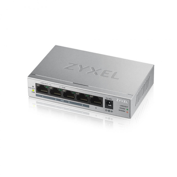 Коммутатор PoE+ Zyxel GS1005HP-EU0101F (5xGE (4xPoE+), настольный, металлический, бюджет PoE 60 Вт)