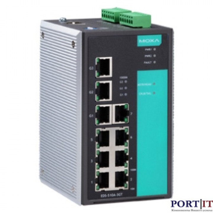 Управляемый коммутатор MOXA EDS-510A-3GT-T (10 портов: 7x10/100BaseT, 3x10/100/1000BaseT, -40..+75°C)