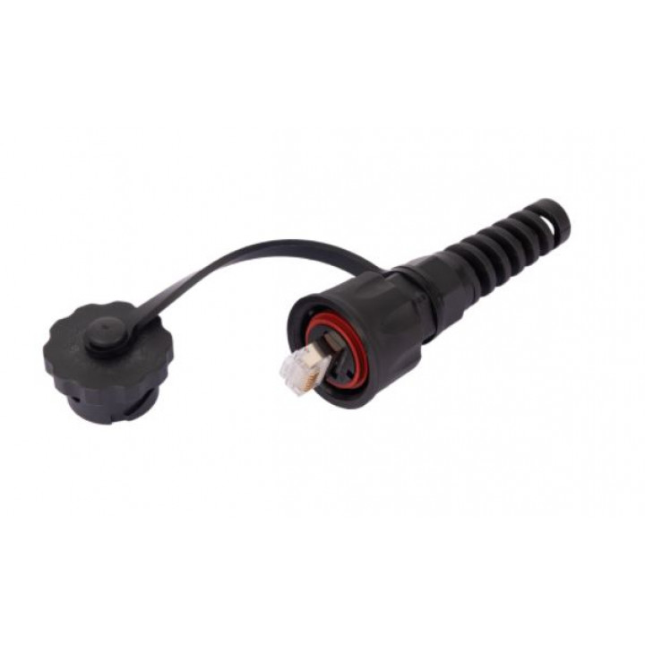Индустриальный коннектор RJ45/8P8C NIKOMAX NMC-RJ88RA50SE3-IS-BK (кат.6, 50мкд, экранированный, IP67, для одножильного кабеля, с крышкой, черный)