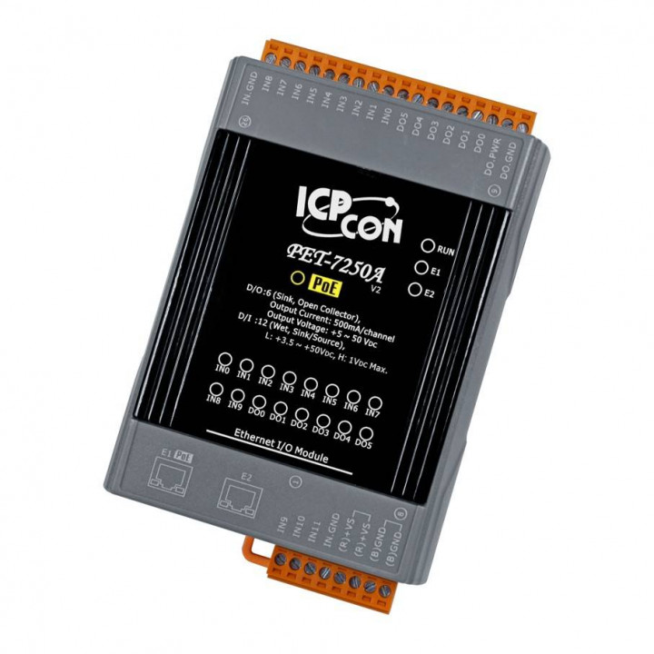 Модуль ICP DAS PET-7250A CR (12 каналов ввода, 6 каналов вывода, PoE, 2-портовый коммутатор)