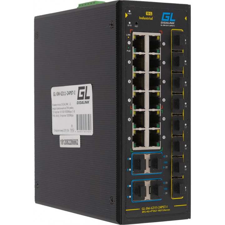 Коммутатор NIKOMAX GL-SW-G311-24PST-I (индустриальный L3, DIN-рейка, 12xGbE PoE, 8xSFP, 4xSFP+)