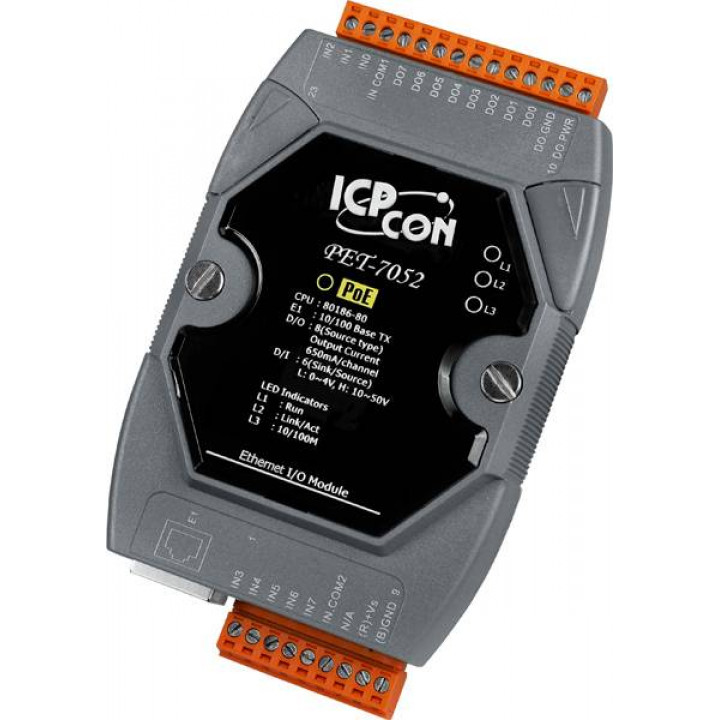 Модуль ICP DAS PET-7052 CR (8 каналов изолированного дискретного вывода типа Source, 8 каналов ввода, PoE)
