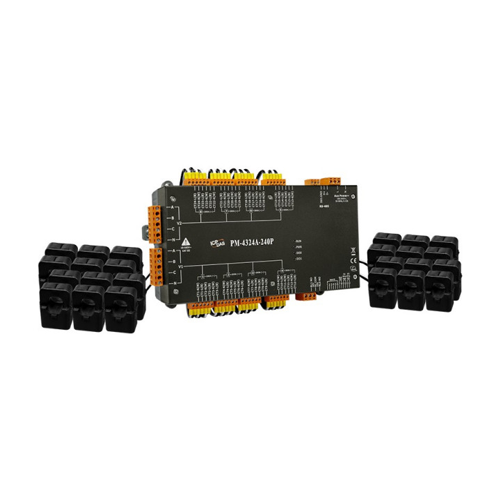 Интеллектуальный многоканальный измеритель параметров сети ICP DAS PM-4324A-240P (8 каналов для трёхфазной сети, два входа опорного напряжения, Modbus RTU, токовое кольцо 200 А)