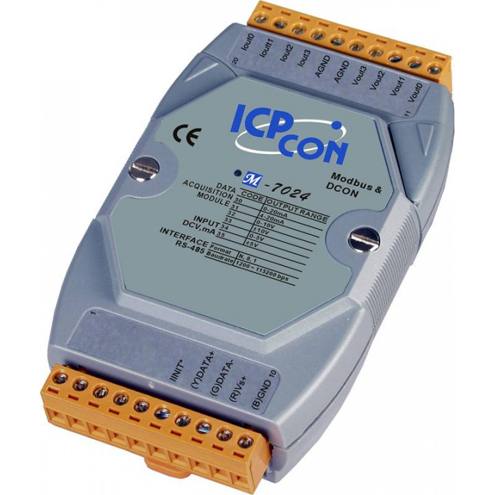 Модуль ICP DAS M-7024-G CR (4 канала аналогового вывода, разрешение 14 бит, Modbus RTU) Модуль ICP DAS M-7024-G CR (4 канала аналогового вывода, разрешение 14 бит, Modbus RTU)