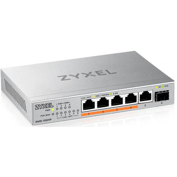 Коммутатор Zyxel XMG-105HP-EU0101F (L2, 5x2.5Гбит/с, 1SFP+, 4PoE++ 70W)