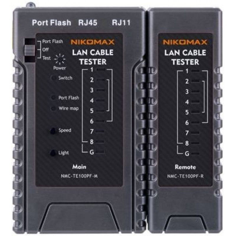 Кабельный тестер UTP/STP, RJ45, RJ12, RJ11, с функцией PortFlash и LED фона NIKOMAX NMC-TE100PF