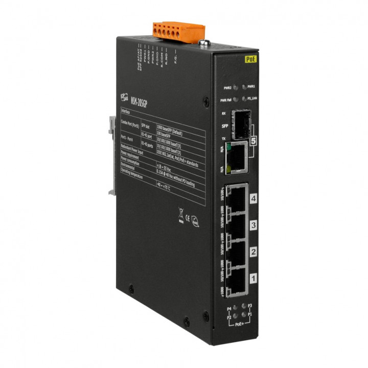 Промышленный коммутатор ICP DAS NSM-205GP CR (4xPoE+ 10/100/1000TX, 1x комбопорт, слот SFP)