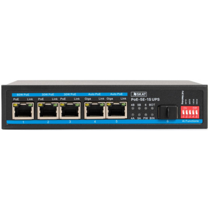 Коммутатор Бастион SKAT PoE-UPS-5E-1S (бесперебойный POE, 65Вт, 5-Ethernet, 1-SFP)