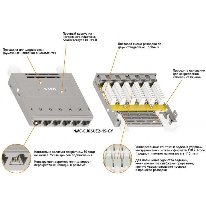 Кассетный модуль-вставка NIKOMAX NMC-CJ06UE2-1S-GY (кат.6, 6 портов, неэкранированный, серый) Кассетный модуль-вставка NIKOMAX NMC-CJ06UE2-1S-GY (кат.6, 6 портов, неэкранированный, серый)