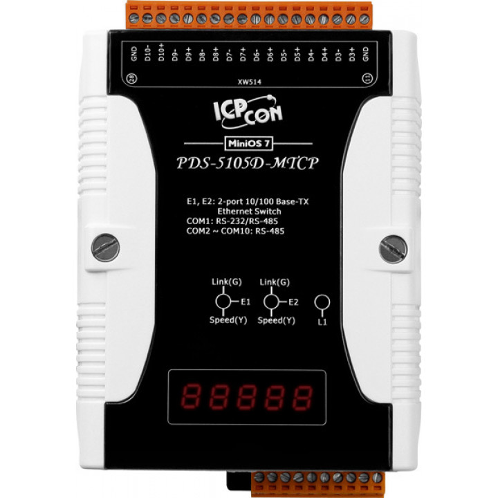 Сервер ICP DAS PDS-5105D-MTCP CR (10-портовый преобразователь Modbus RTU/ASCII в Modbus TCP, с индикацией)