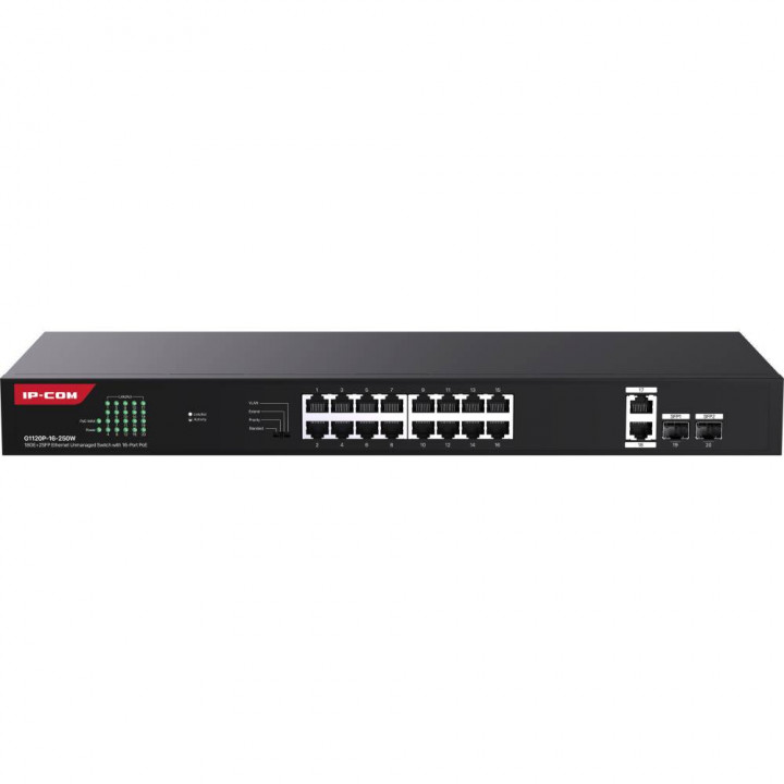 Коммутатор IP-COM G1120P-16-250W (неуправляемый PoE, 20 портов, 18x1 Гбит/с, SFP 2x1 Гбит/с, PoE 16х30 Вт) Коммутатор IP-COM G1120P-16-250W (неуправляемый PoE, 20 портов, 18x1 Гбит/с, SFP 2x1 Гбит/с, PoE 16х30 Вт)