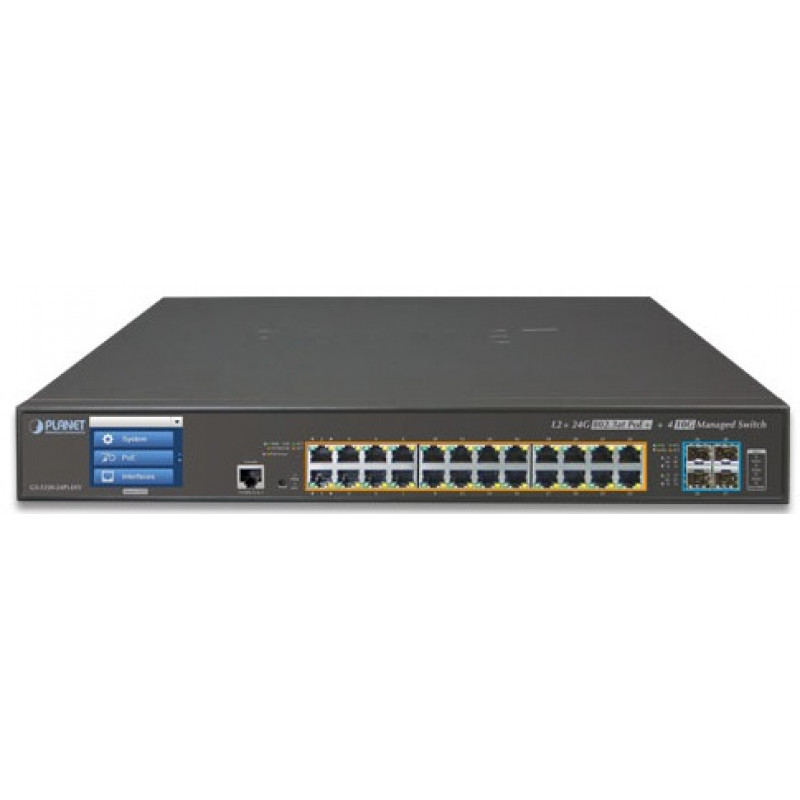 Коммутатор PoE Planet GS-5220-24P4XV (L2+, 24 порта 1GbE PoE 802.3at, 4x10G SFP+, 400W, LCD Touch Screen)