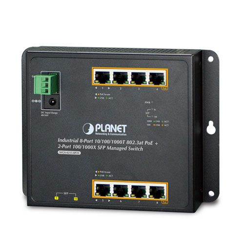 Коммутатор промышленный управляемый PLANET WGS-4215-8P2S (8xPoE+ 1000T + 2xSFP, настенный, -40...+75°C)